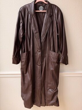 Vintage Brown‎ Leather Trench Coat Long Minimalist 90s Y2K Oversized XL